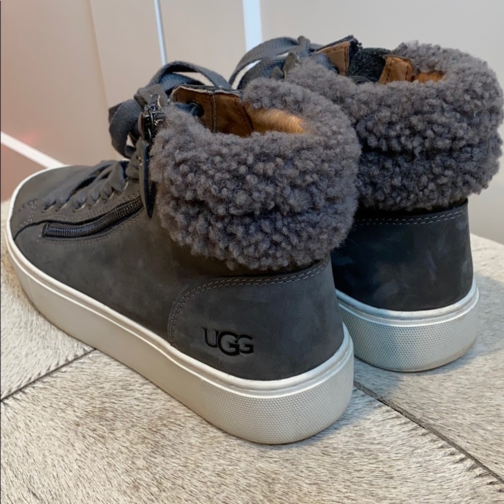 UGG gray Suede shoe boots/ shearling trim zip up